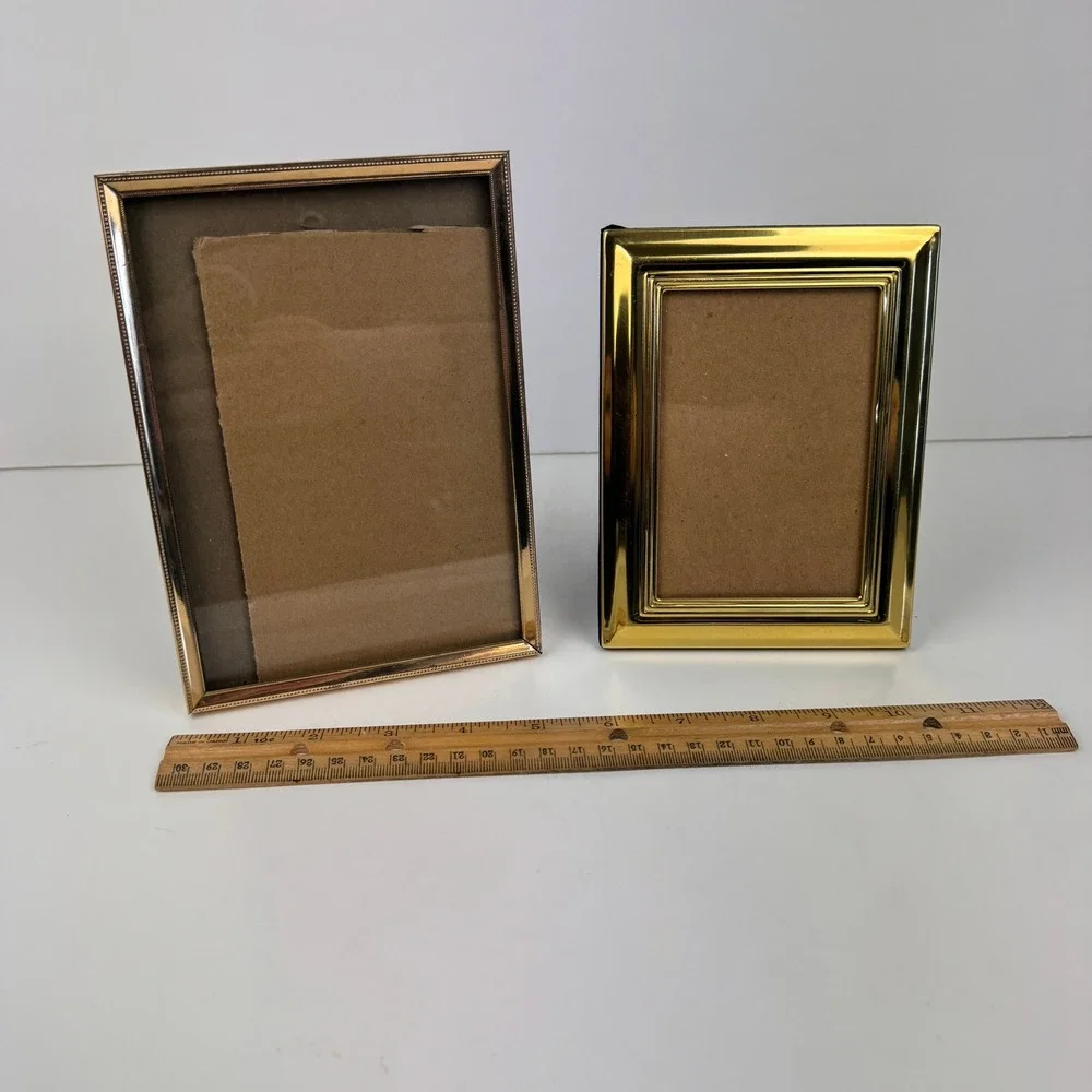 2 Vintage Metal Picture Frames‎ Gold 5x7 thin 5x3 thick Tabletop READ